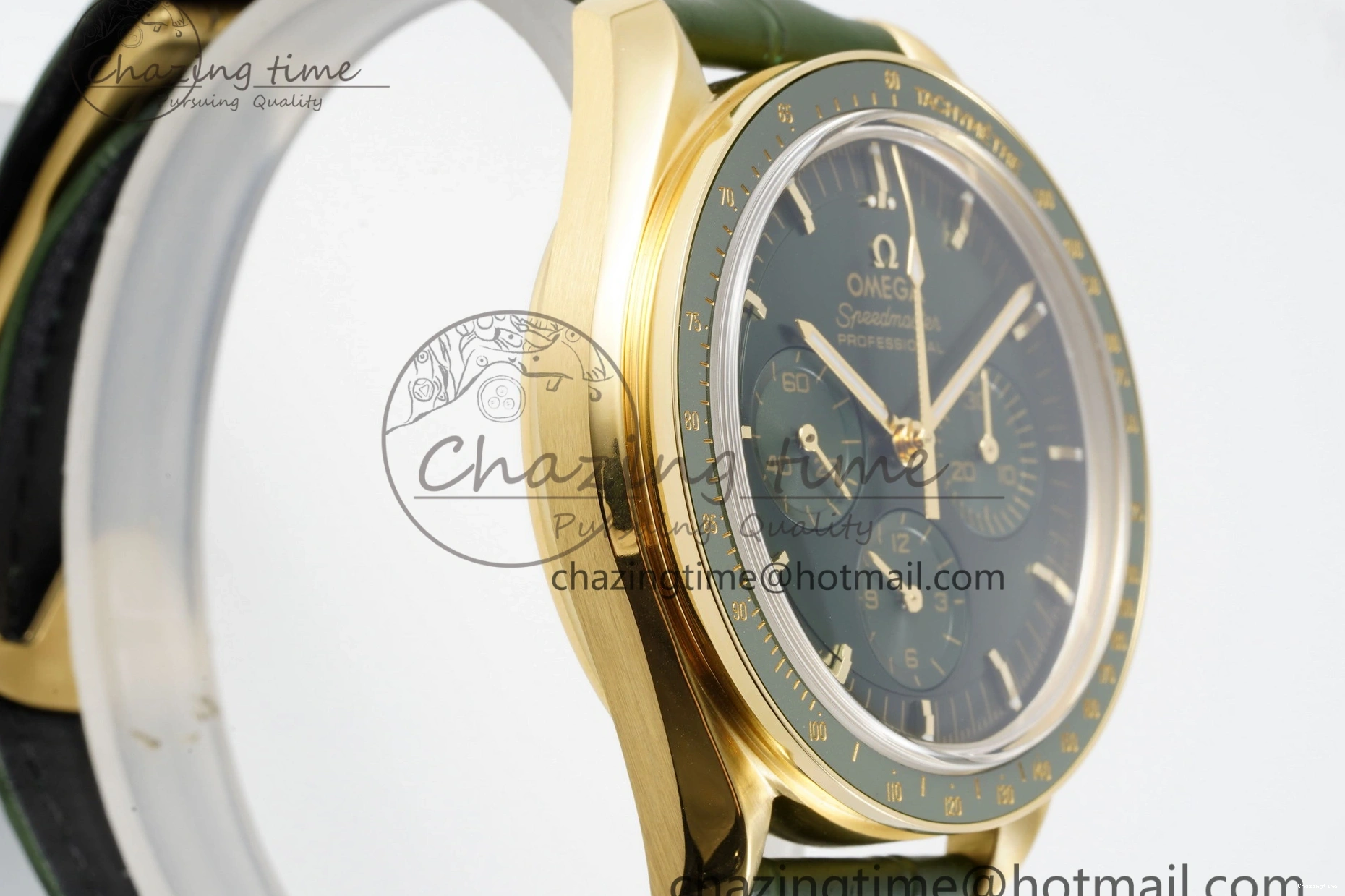 0205 Speedmaster Moonwatch in Moonshine Gold YG RMF Best Edition Green Dial on Green Leather Strap Manual Chrono EasyCare 7832